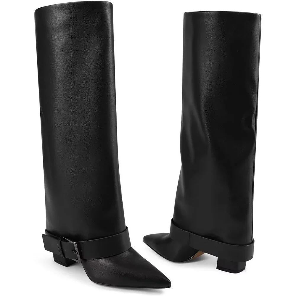Women's Black Knee High Boots Fold Over High Heel Belt Buckle Fall Long